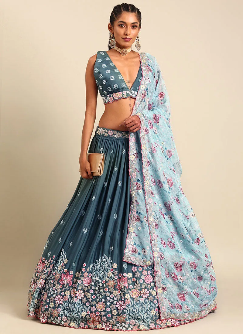 Teal Blue Multi Embroidery Wedding Lehenga Choli