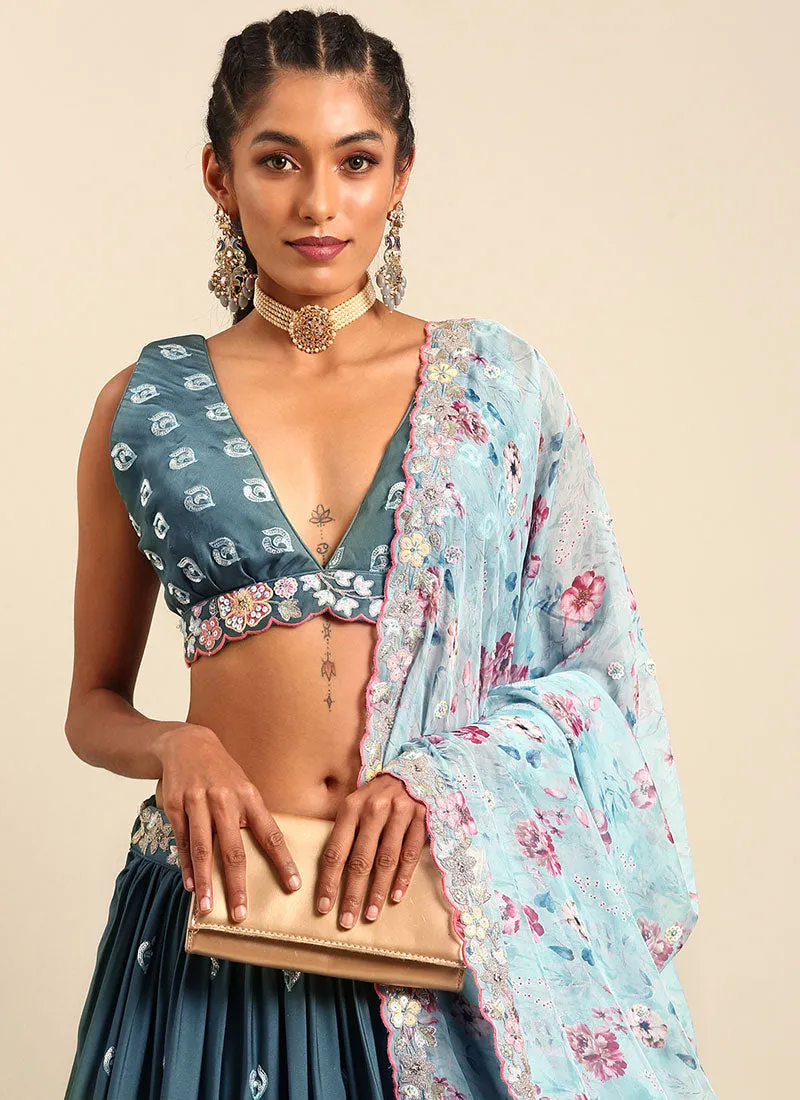 Teal Blue Multi Embroidery Wedding Lehenga Choli