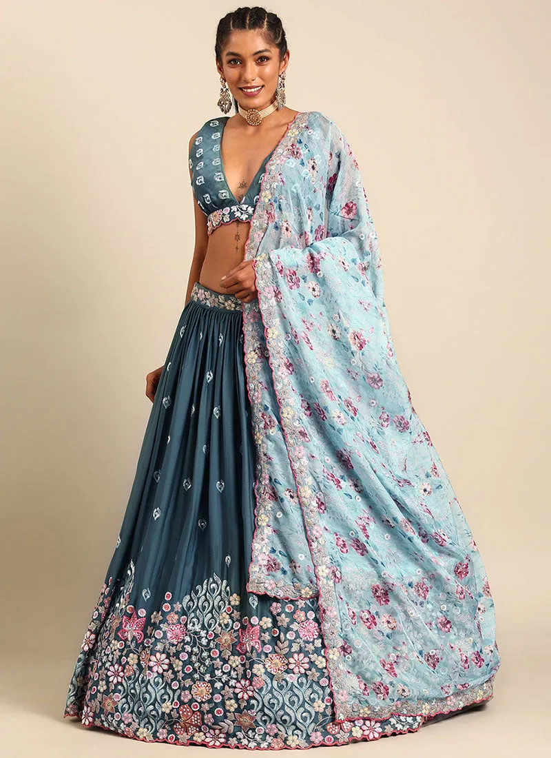 Teal Blue Multi Embroidery Wedding Lehenga Choli