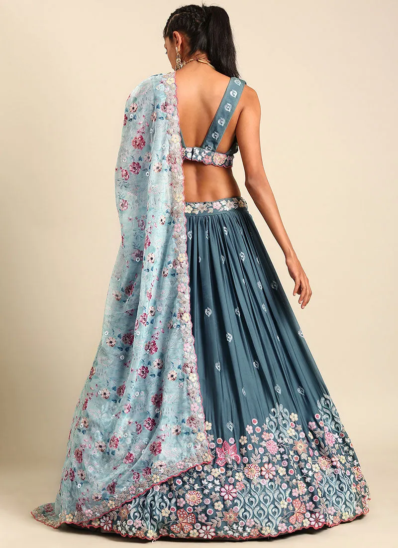Teal Blue Multi Embroidery Wedding Lehenga Choli