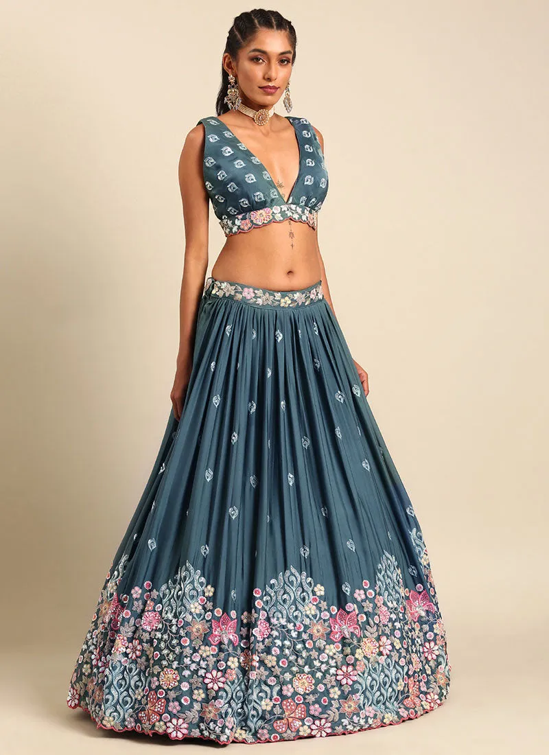 Teal Blue Multi Embroidery Wedding Lehenga Choli