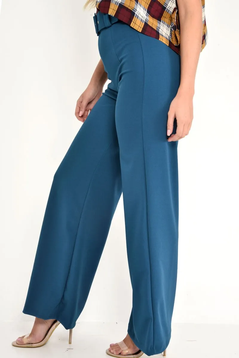 Teal Tailored Wide Leg Belted Trousers - Chenelle