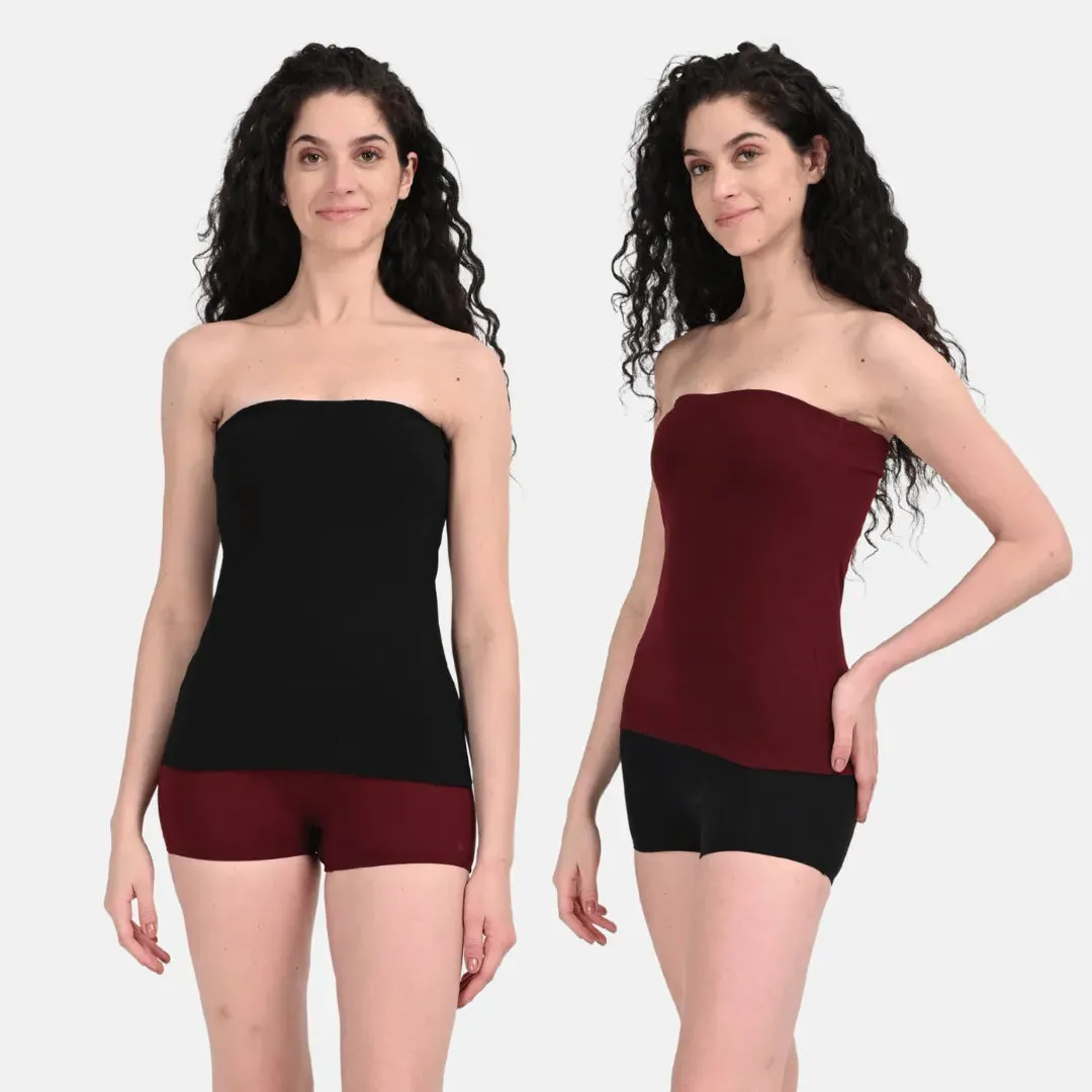 Tube Tank For Women | Off-Shoulder Design | Built-In Tube Bra | Anti-Slip Silicone Elastic | Body-Hugging Fit | Full Coverage | Soft Cotton Blend | Pack Of 2