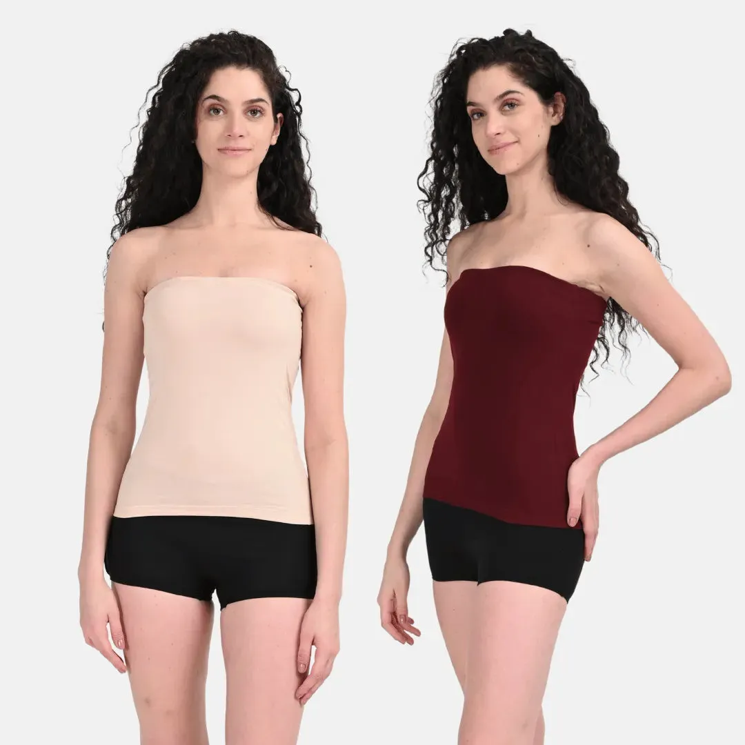 Tube Tank For Women | Off-Shoulder Design | Built-In Tube Bra | Anti-Slip Silicone Elastic | Body-Hugging Fit | Full Coverage | Soft Cotton Blend | Pack Of 2