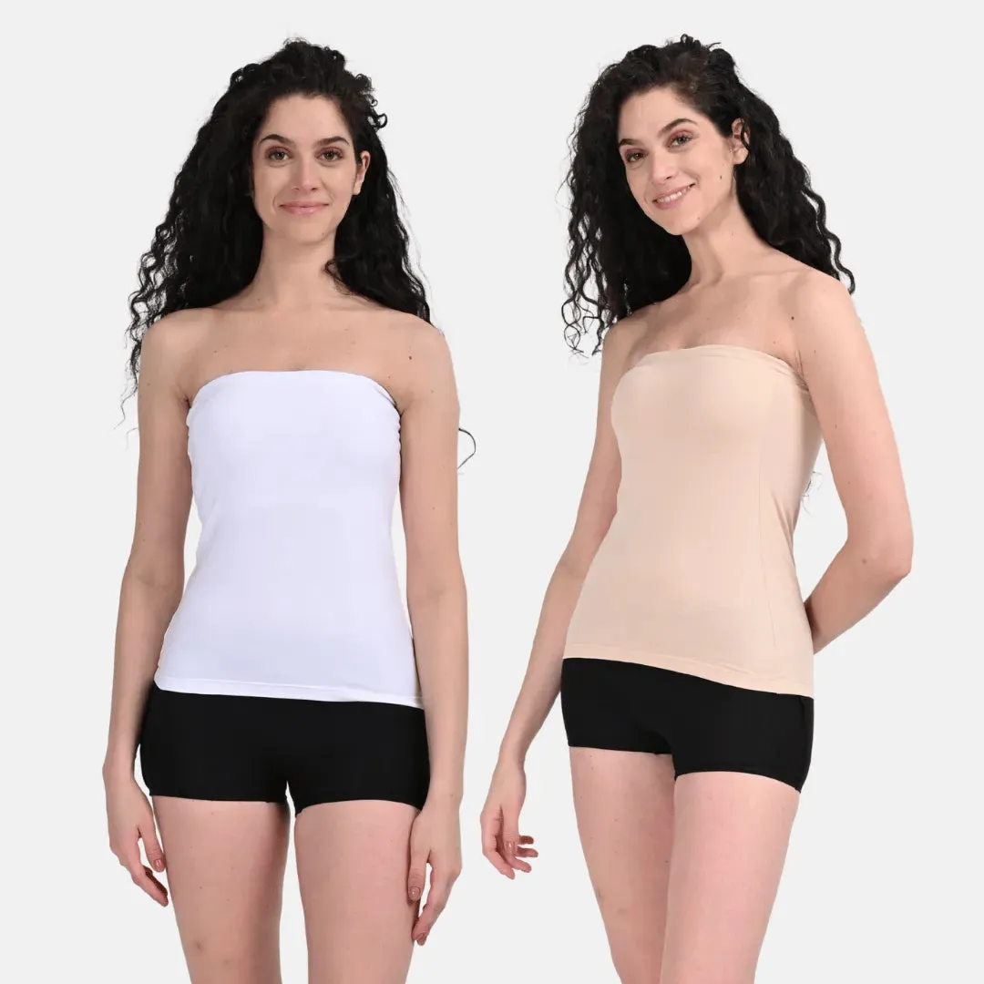 Tube Tank For Women | Off-Shoulder Design | Built-In Tube Bra | Anti-Slip Silicone Elastic | Body-Hugging Fit | Full Coverage | Soft Cotton Blend | Pack Of 2