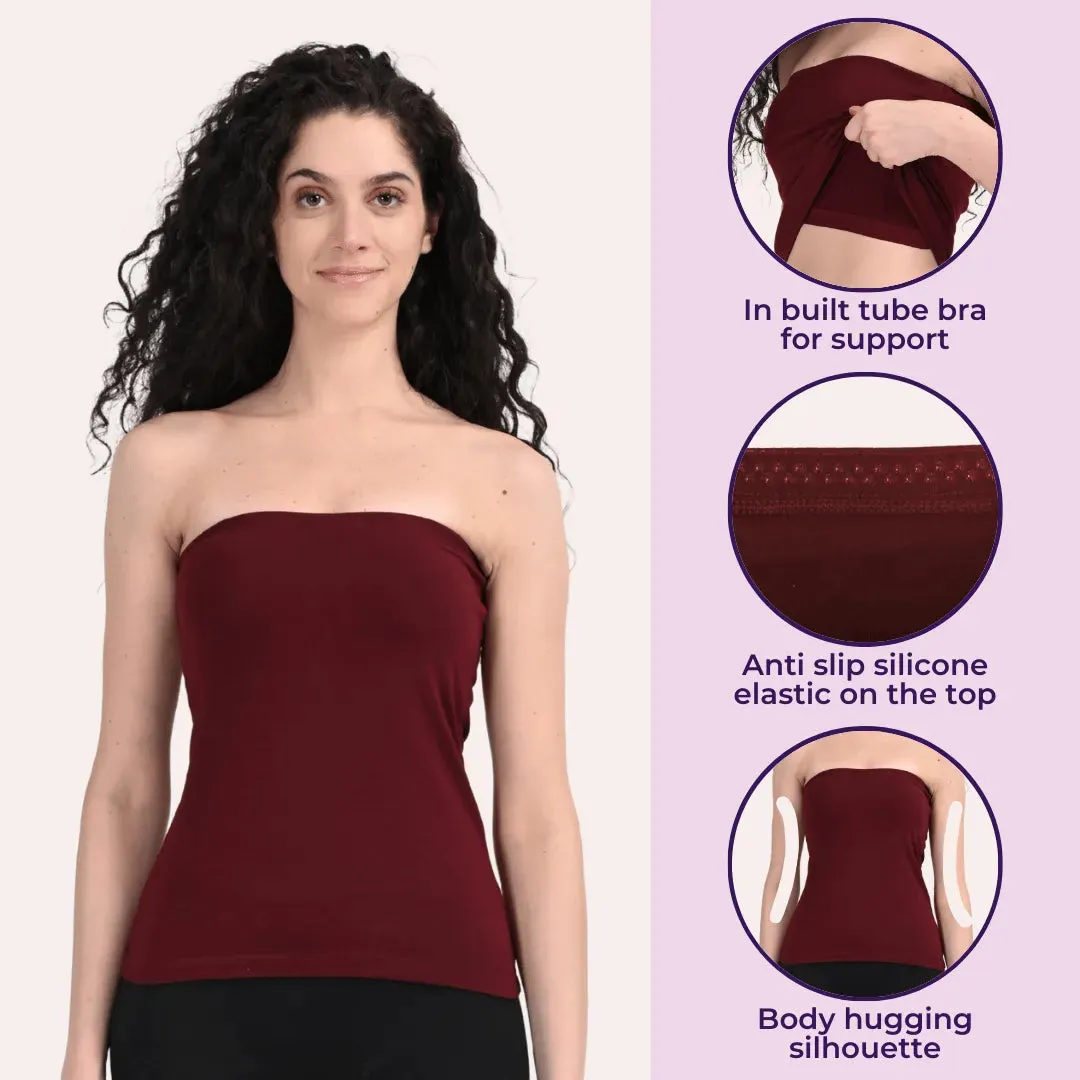 Tube Tank For Women | Off-Shoulder Design | Built-In Tube Bra | Anti-Slip Silicone Elastic | Body-Hugging Fit | Full Coverage | Soft Cotton Blend | Pack Of 2
