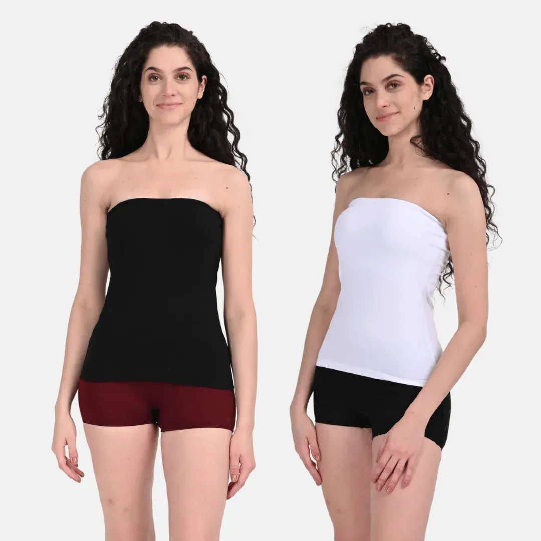 Tube Tank For Women | Off-Shoulder Design | Built-In Tube Bra | Anti-Slip Silicone Elastic | Body-Hugging Fit | Full Coverage | Soft Cotton Blend | Pack Of 2