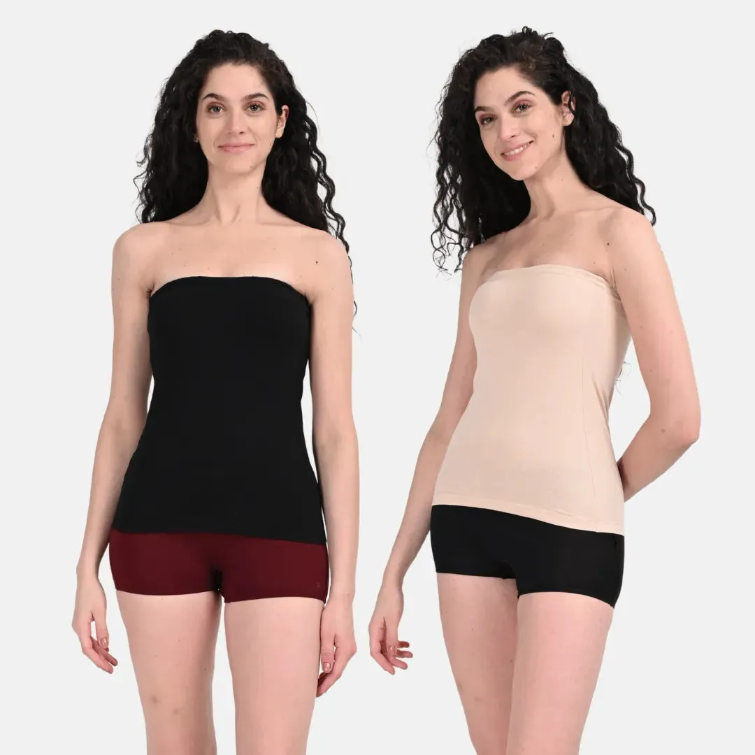 Tube Tank For Women | Off-Shoulder Design | Built-In Tube Bra | Anti-Slip Silicone Elastic | Body-Hugging Fit | Full Coverage | Soft Cotton Blend | Pack Of 2