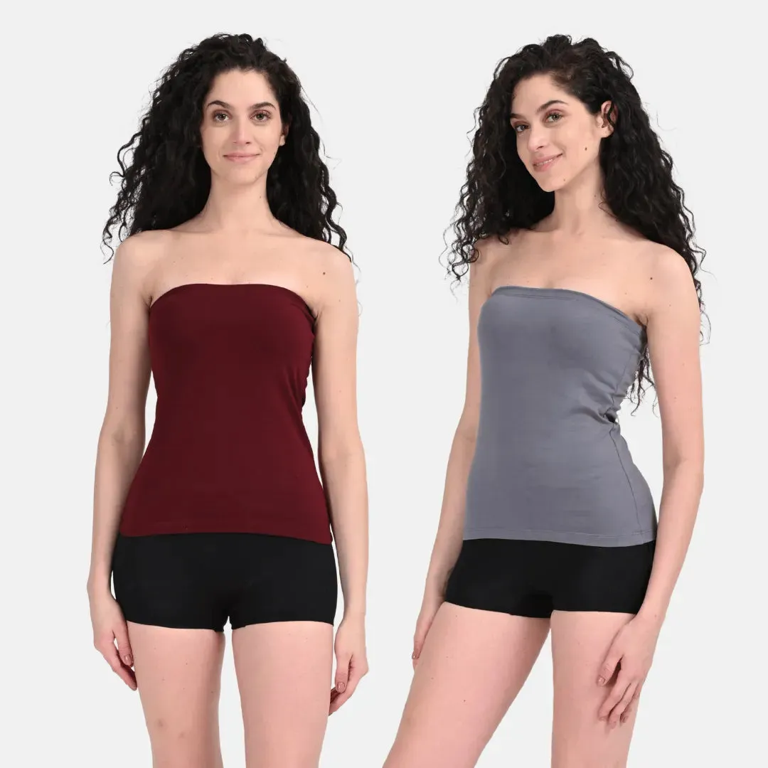 Tube Tank For Women | Off-Shoulder Design | Built-In Tube Bra | Anti-Slip Silicone Elastic | Body-Hugging Fit | Full Coverage | Soft Cotton Blend | Pack Of 2