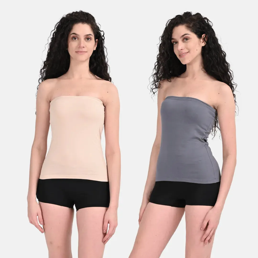 Tube Tank For Women | Off-Shoulder Design | Built-In Tube Bra | Anti-Slip Silicone Elastic | Body-Hugging Fit | Full Coverage | Soft Cotton Blend | Pack Of 2
