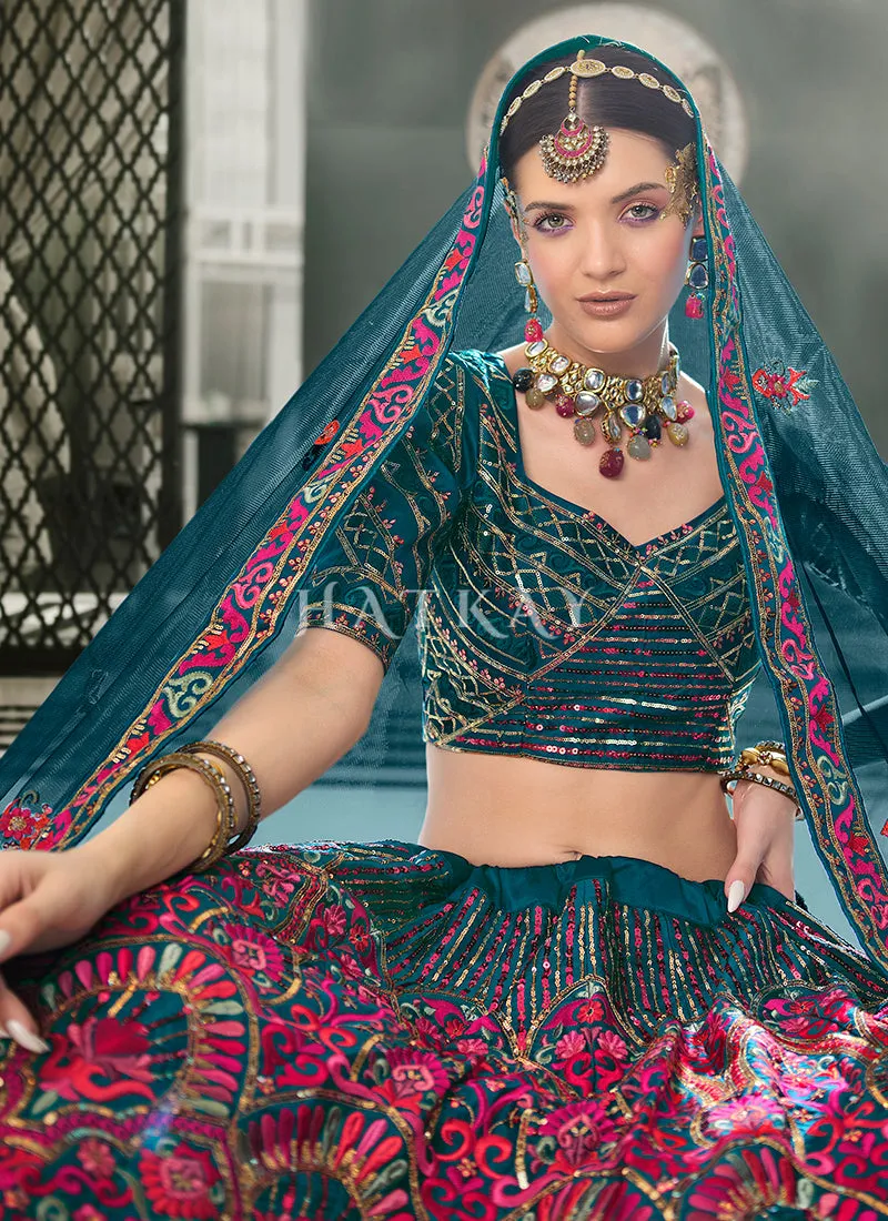 Turquoise And Pink Embroidery Festive Lehenga Choli