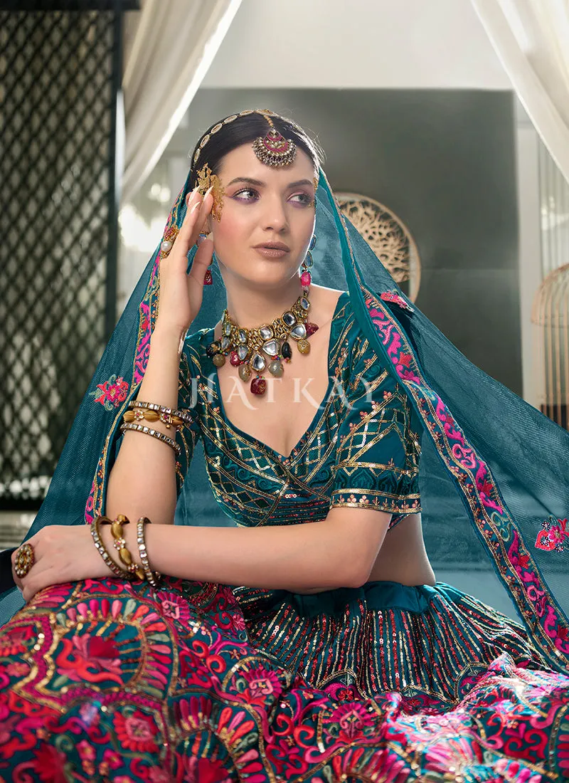 Turquoise And Pink Embroidery Festive Lehenga Choli