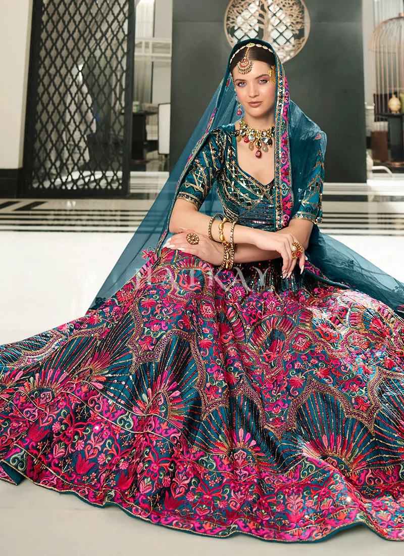 Turquoise And Pink Embroidery Festive Lehenga Choli