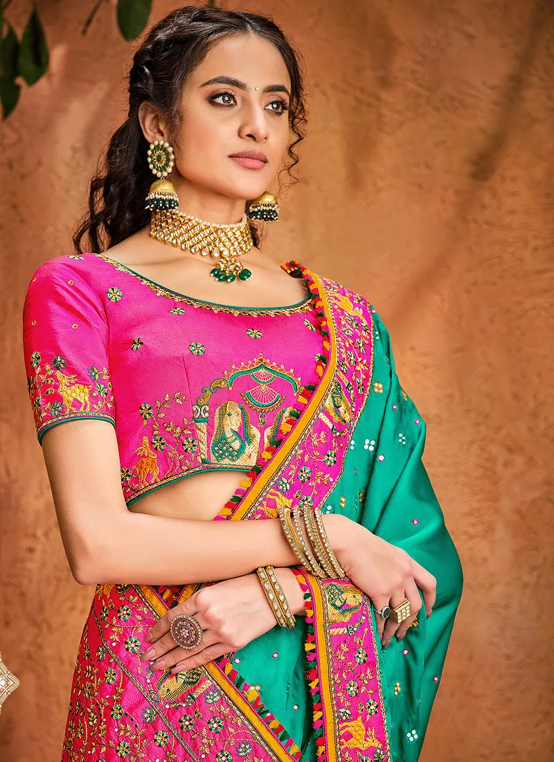 Turquoise And Pink Multi Embroidered Designer Saree