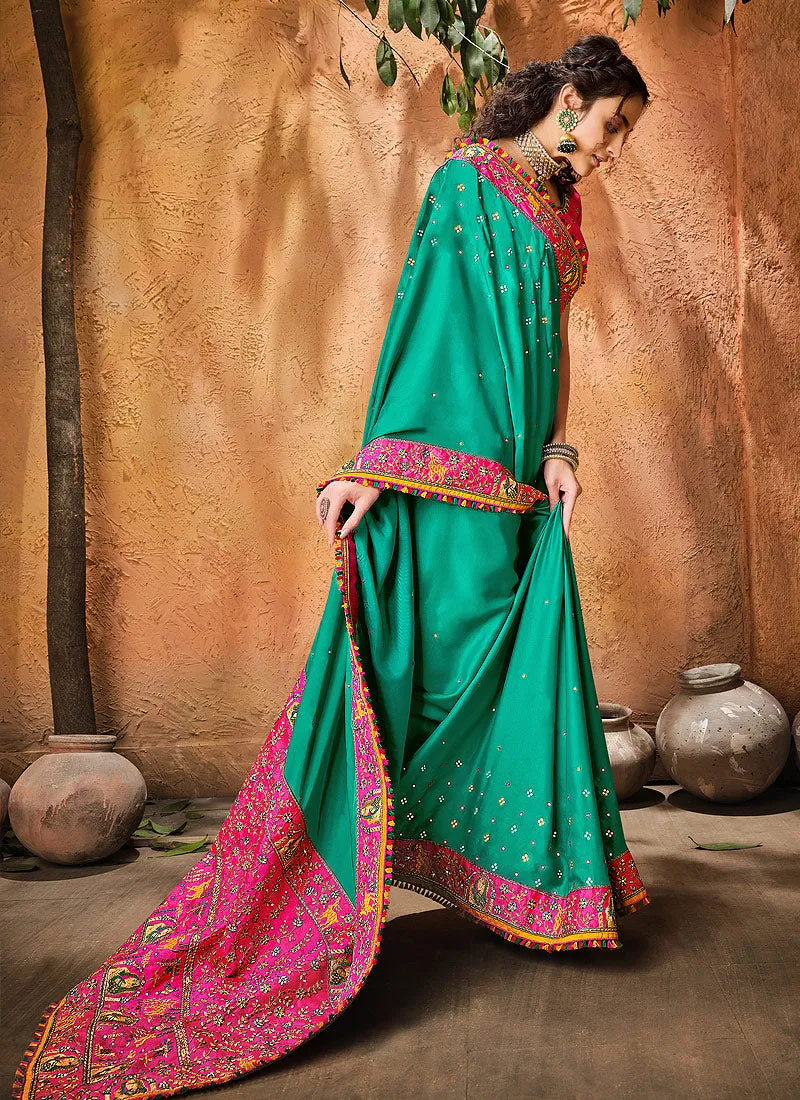 Turquoise And Pink Multi Embroidered Designer Saree