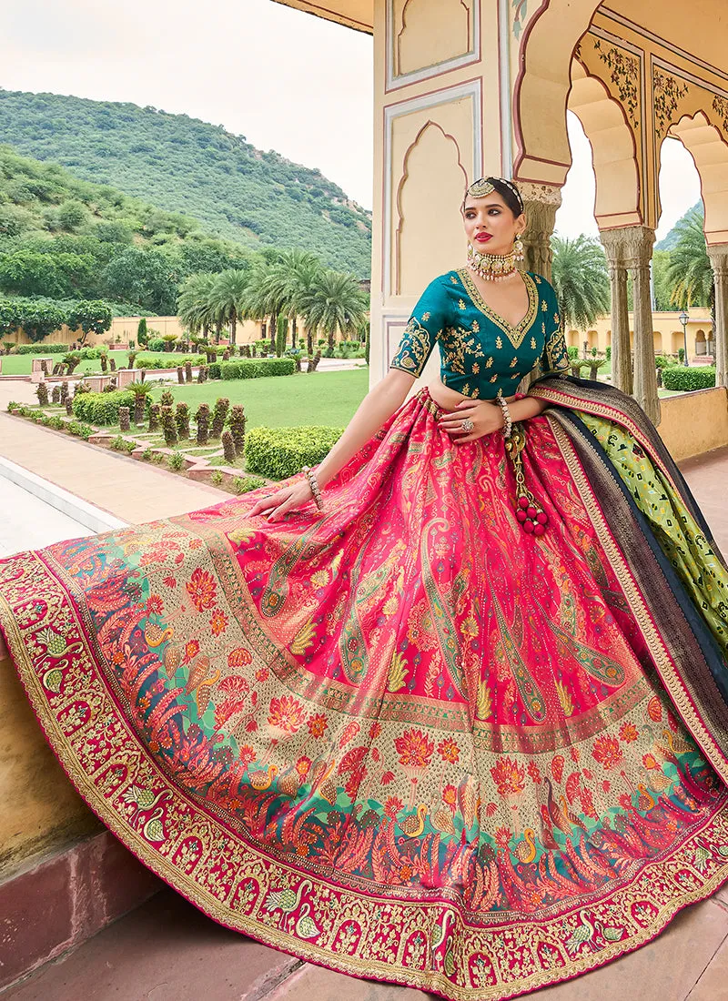 Turquoise And Pink Multi Embroidery Wedding Lehenga Choli