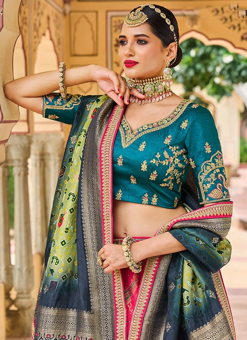 Turquoise And Pink Multi Embroidery Wedding Lehenga Choli