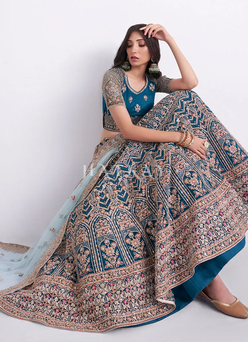 Turquoise Blue Heavy Embroidered Designer Wedding Lehenga Choli