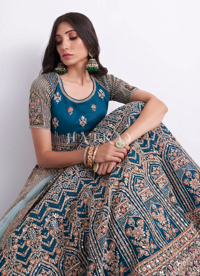 Turquoise Blue Heavy Embroidered Designer Wedding Lehenga Choli