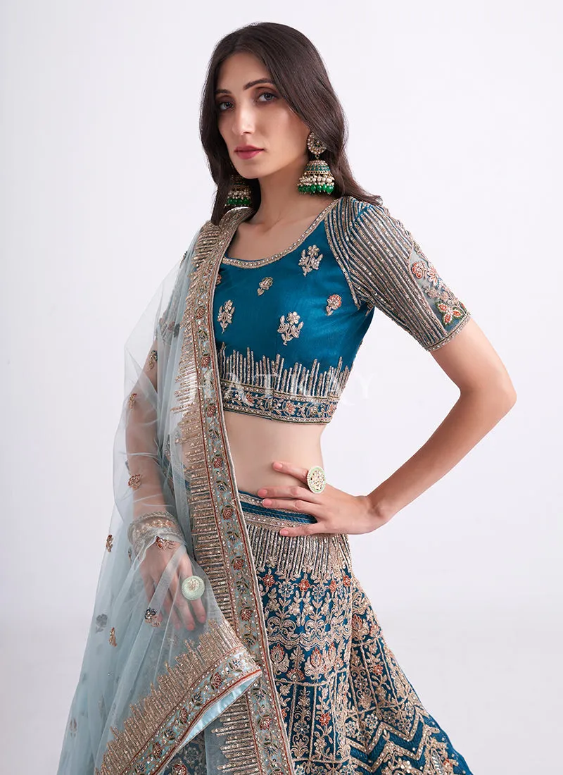 Turquoise Blue Heavy Embroidered Designer Wedding Lehenga Choli