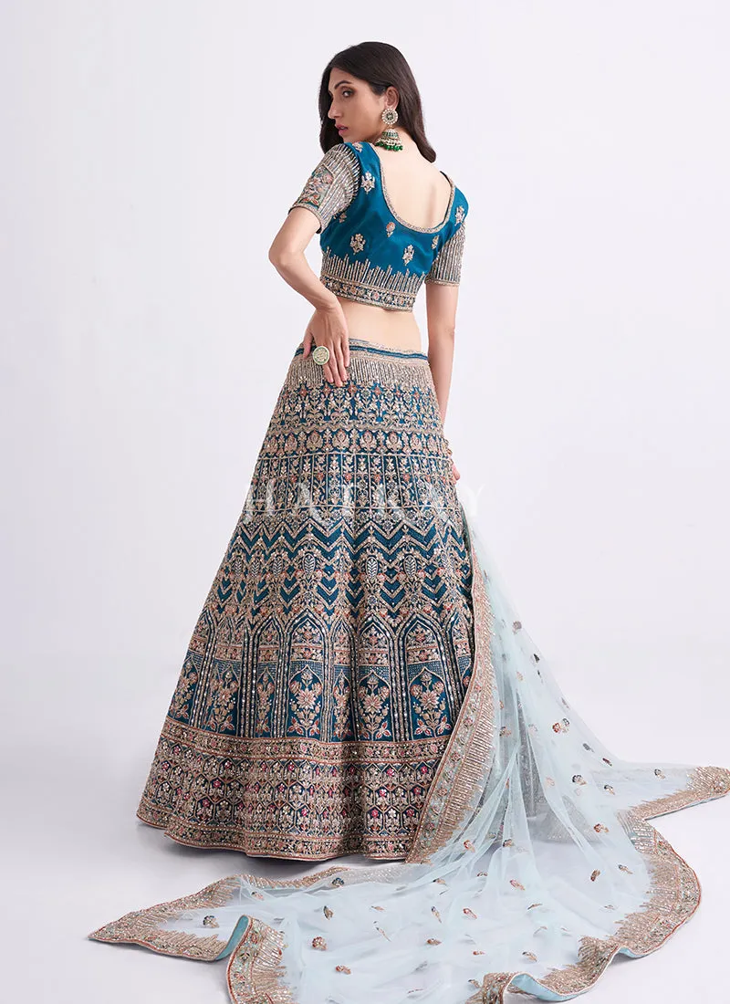Turquoise Blue Heavy Embroidered Designer Wedding Lehenga Choli