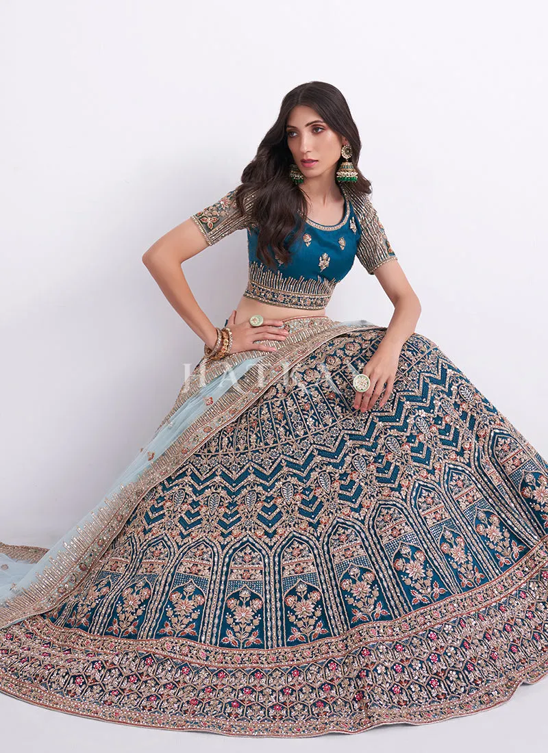 Turquoise Blue Heavy Embroidered Designer Wedding Lehenga Choli