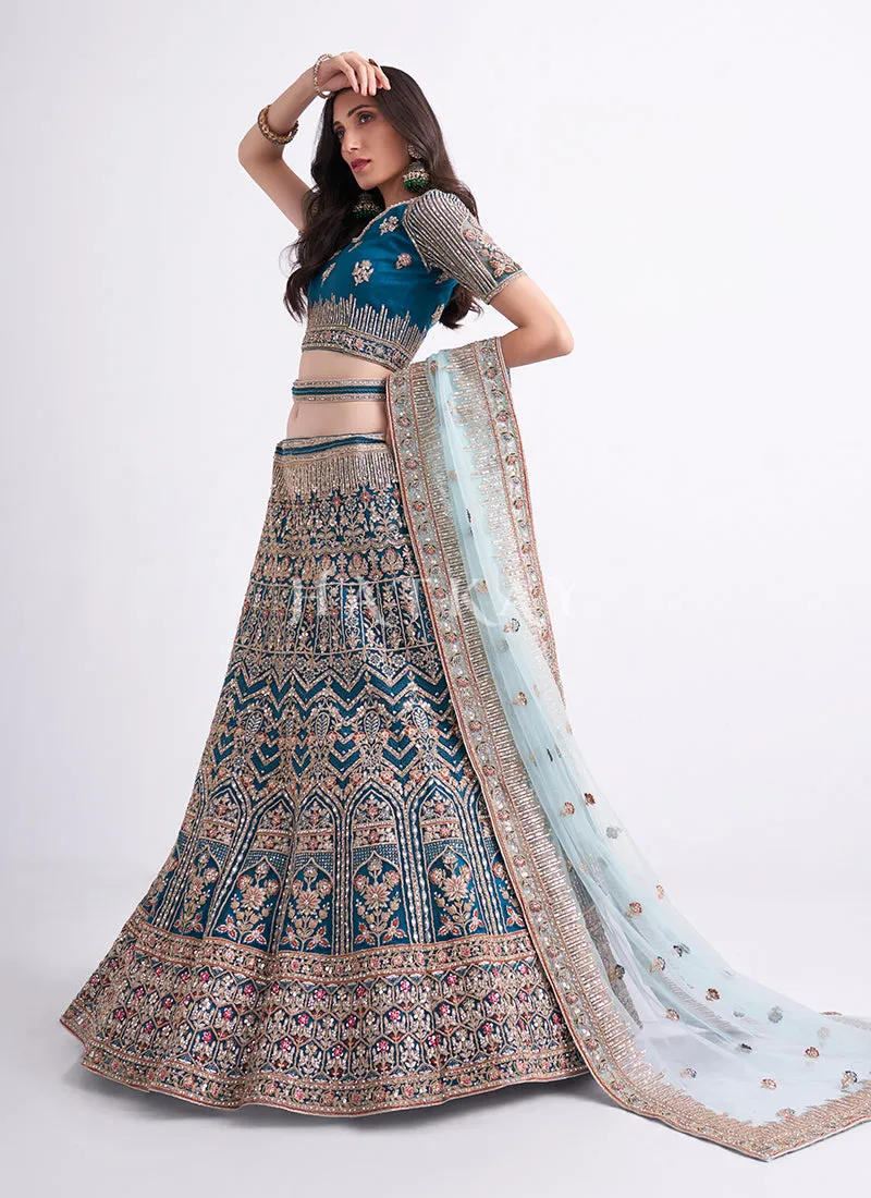 Turquoise Blue Heavy Embroidered Designer Wedding Lehenga Choli