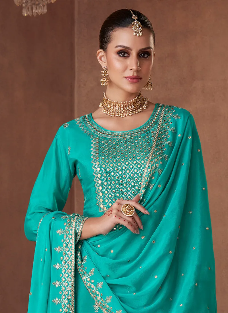 Turquoise Designer Embroidery Festive Palazzo Style Suit