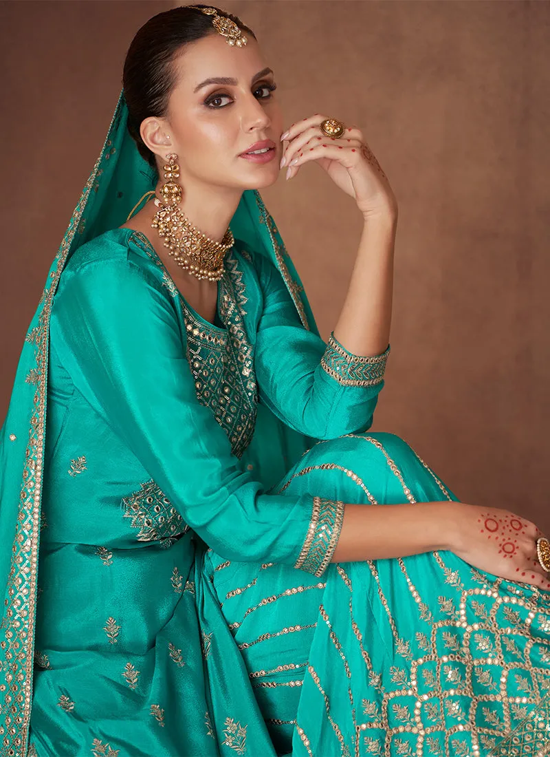 Turquoise Designer Embroidery Festive Palazzo Style Suit