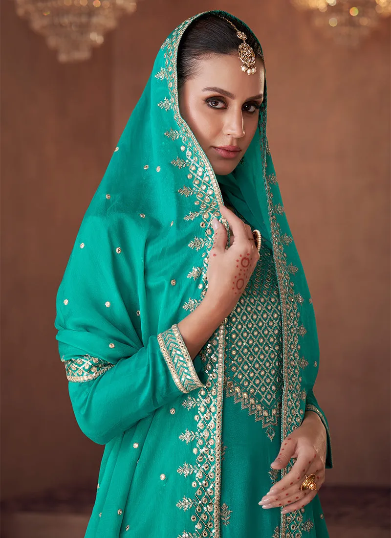 Turquoise Designer Embroidery Festive Palazzo Style Suit