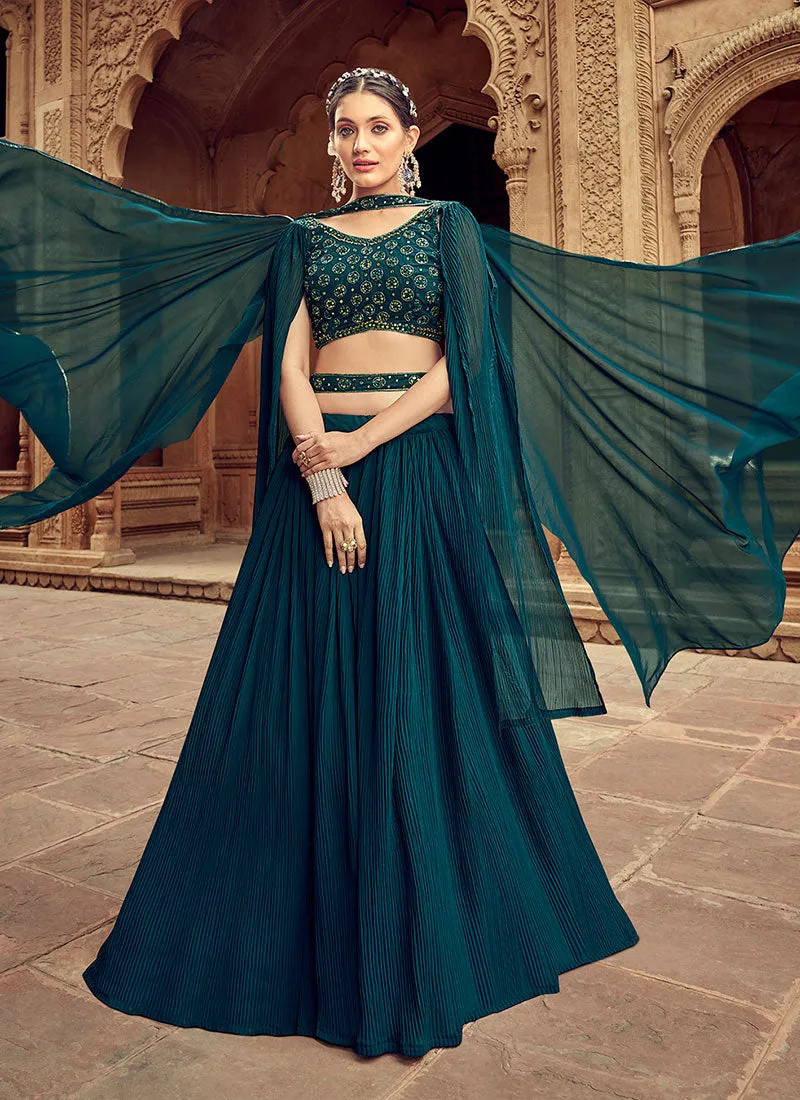 Turquoise Handwork Embroidery Wedding Lehenga Choli And Dupatta