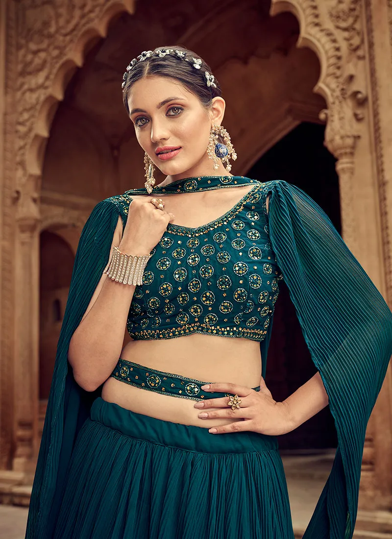 Turquoise Handwork Embroidery Wedding Lehenga Choli And Dupatta