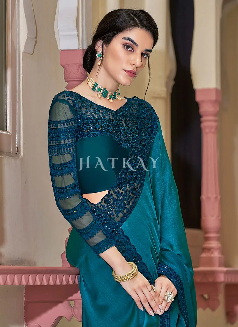 Turquoise Sequence Embroidery Designer Silk Saree