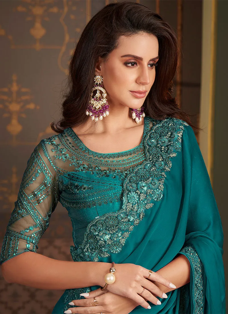 Turquoise Sequence Embroidery Designer Silk Saree