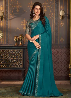 Turquoise Sequence Embroidery Designer Silk Saree