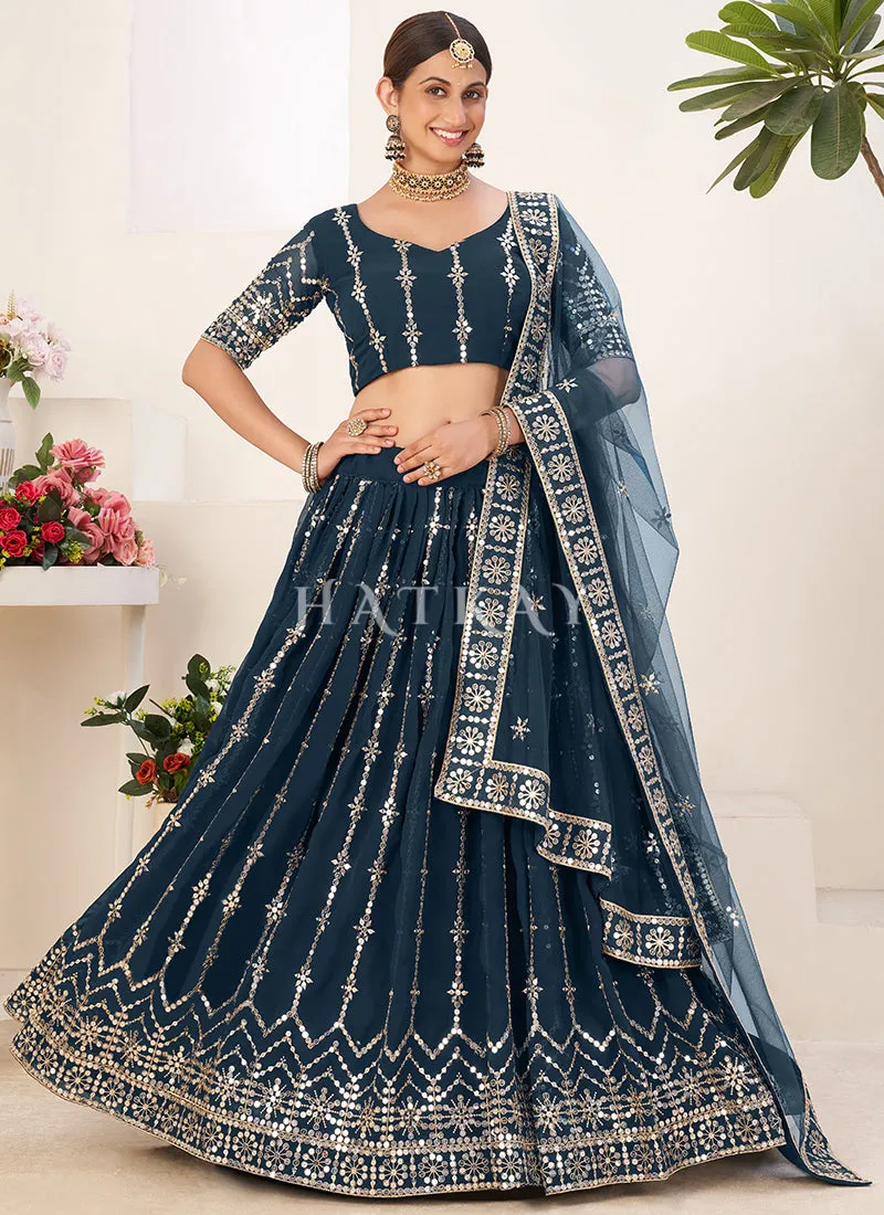 Turquoise Sequence Embroidery Georgette Lehenga Choli