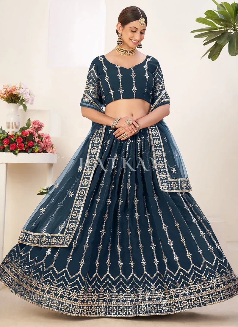 Turquoise Sequence Embroidery Georgette Lehenga Choli
