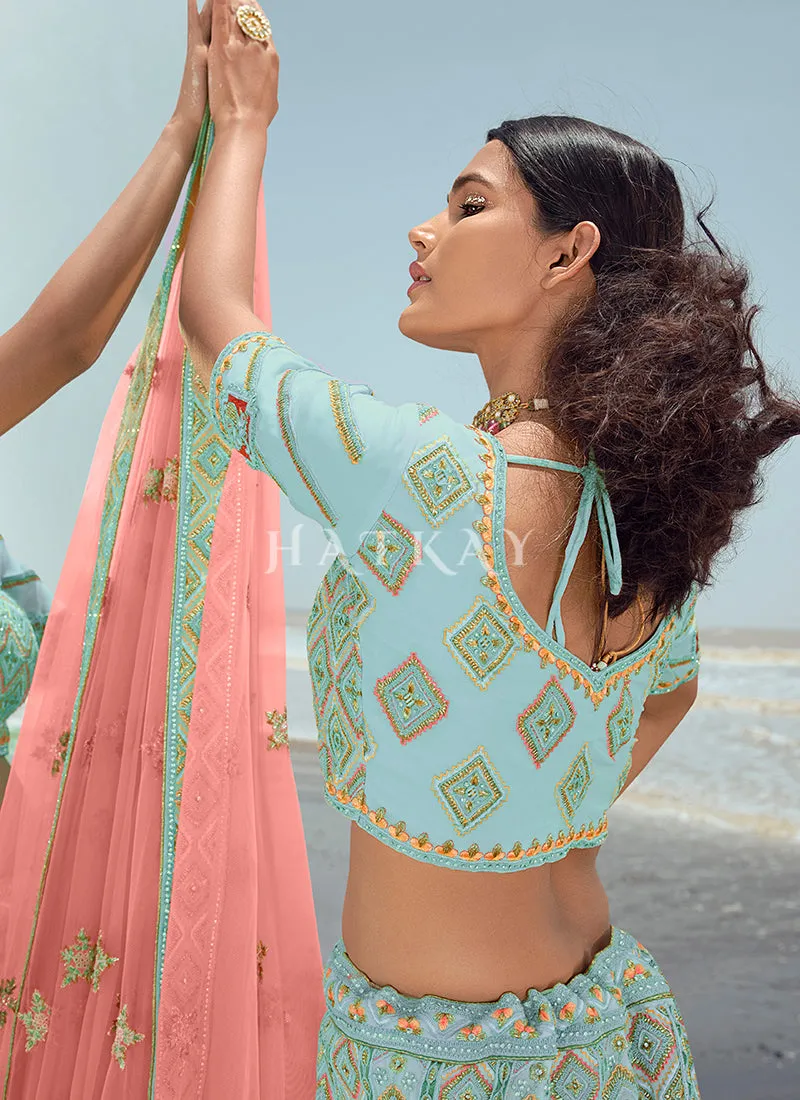 Turquoise Zarkan Embroidered Designer Lehenga Choli