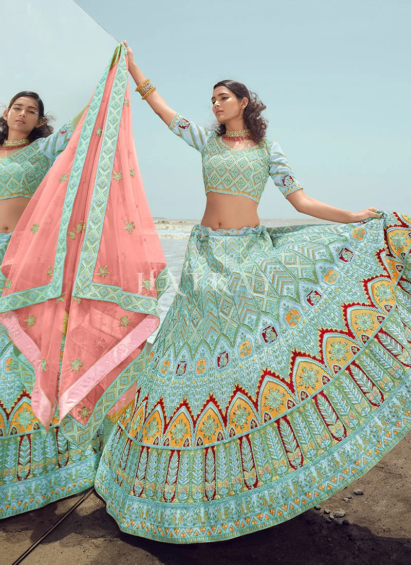 Turquoise Zarkan Embroidered Designer Lehenga Choli