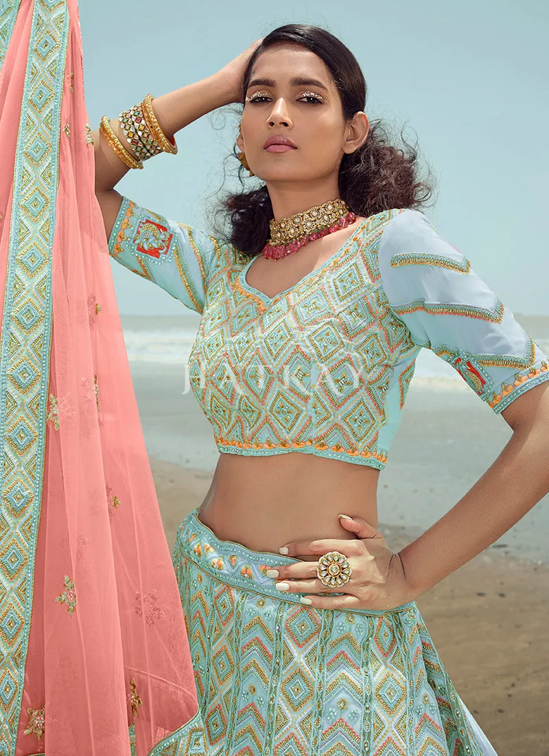Turquoise Zarkan Embroidered Designer Lehenga Choli