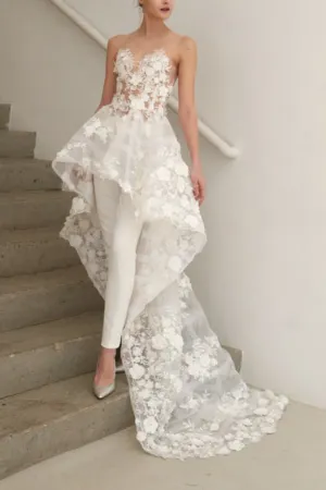 Two Piece Illusion Round Neck High-Low Wedding Jumpsuit/Dress with Appliques OHD055