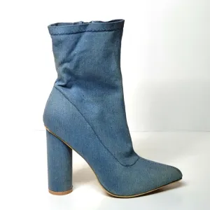 VIVA shin high faux denim jean chambray heels women's booties size 39