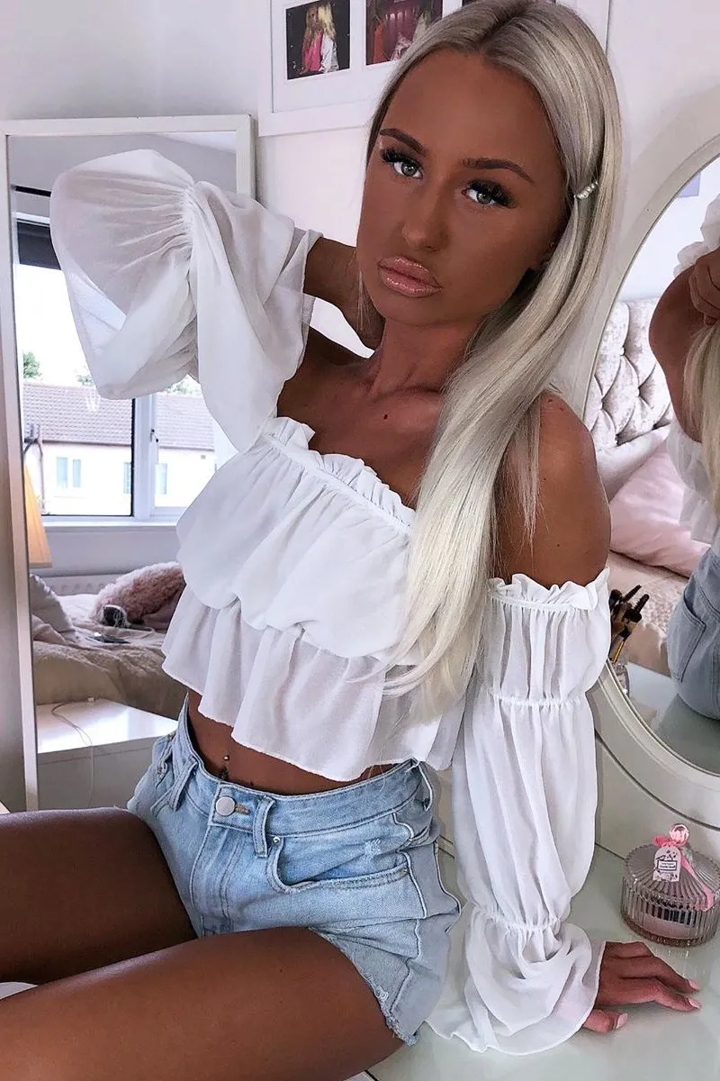 White Mesh Gypsy Style Bardot Crop Top - Ammie