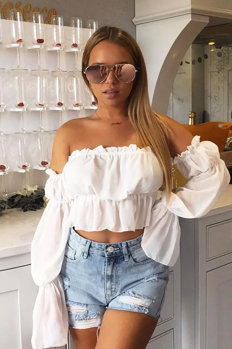 White Mesh Gypsy Style Bardot Crop Top - Ammie