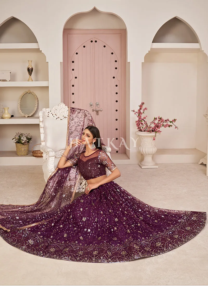 Wine Embroidered Partywear Lehenga Choli