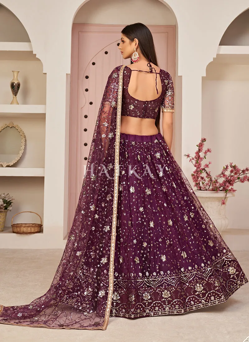 Wine Embroidered Partywear Lehenga Choli