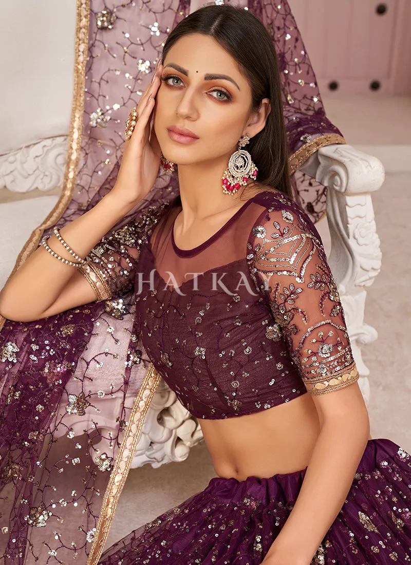 Wine Embroidered Partywear Lehenga Choli