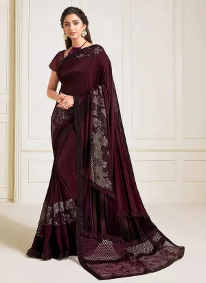 Wine Sequence Embroidered Designer Saree