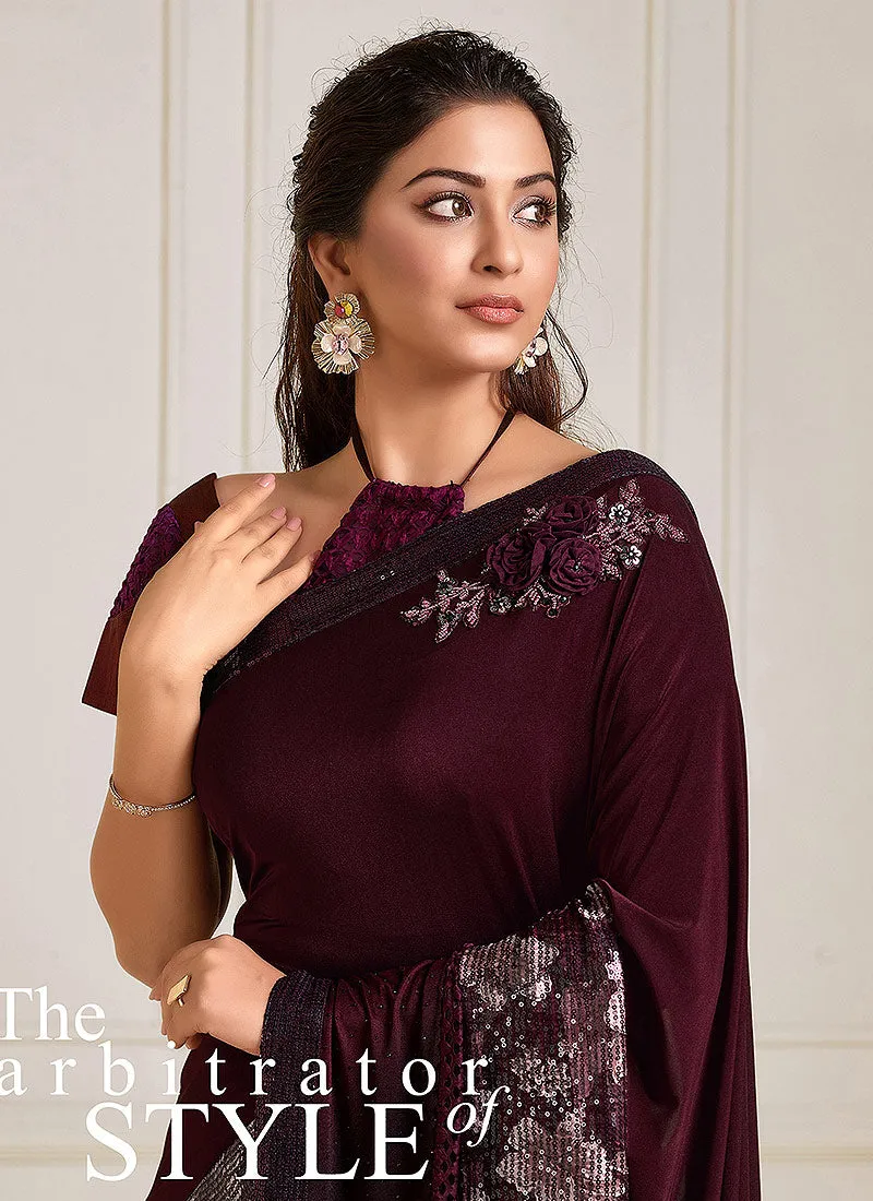Wine Sequence Embroidered Designer Saree