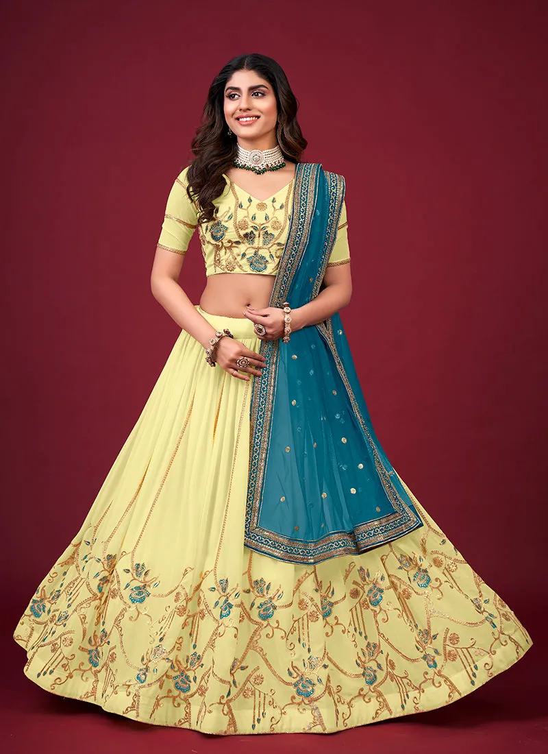 Yellow And Blue Multi Embroidery Wedding Lehenga Choli